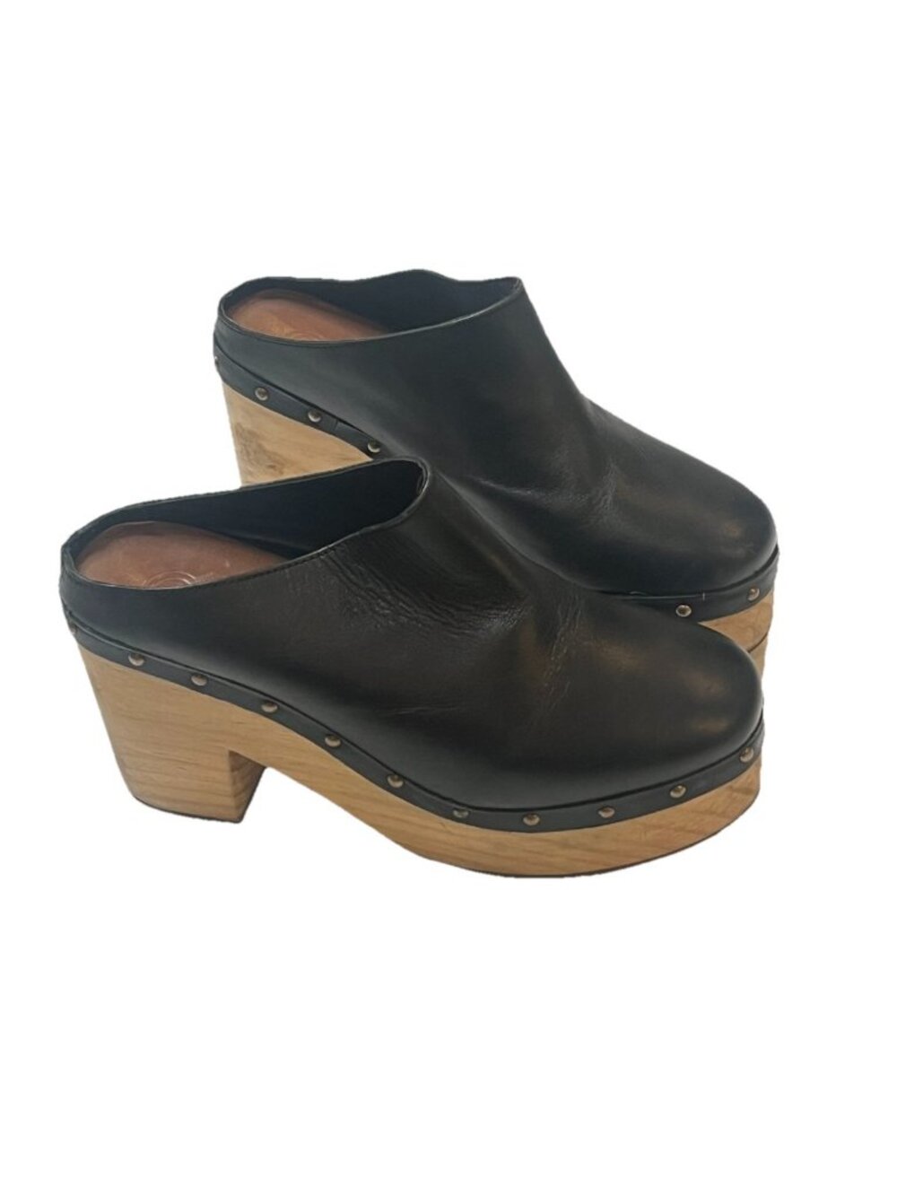 Urban Outfitters Black Leather Wooden Platform Clogs Mules Sz 8 Scandinavian